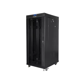Lanberg FF01-6827-12BL 19" 27U SZÉL:600mm MÉLY:800mm MAG:1431mm lapraszerelt LCD üvegajtós fekete álló rack szekrény