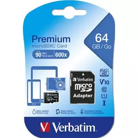 Memóriakártya, microSDXC, 64GB, CL10/U1, 90/10 MB/s, adapter, VERBATIM &quot;Premium&quot;