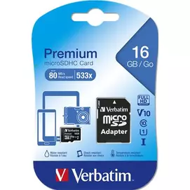 Memóriakártya, microSDHC, 16GB, CL10/U1, 45/10 MB/s, adapter, VERBATIM &quot;Premium&quot;