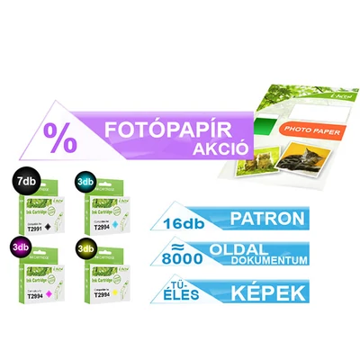 ►16+1db-os PAKK, Epson -hoz 16db T299x (Nr. 29XL)  utángyártott tintapatron (≈8000 oldal)  + 1 csomag 100 lapos FOTÓpapír