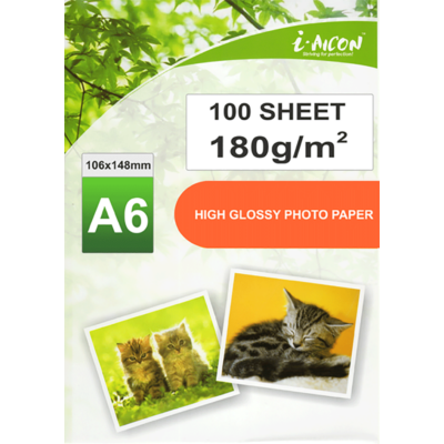 Fotópapír tintasugaras nyomtatókhoz, A6-os (~105*148mm 4R), fényes felületű, gyorsan száradó, 180g/m², 100lap/csomag i-AICON (közepesen vastag, közepes igénybevételű fotókhoz)