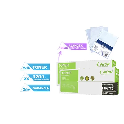 2+1DB-os PAKK, Canon -hoz, ►2DB   CRG-725 fekete UTÁNGYÁRTOTT toner◄  +1 csomag (100db) lefűzhető genotherm (bugyi) (≈3200 oldal)