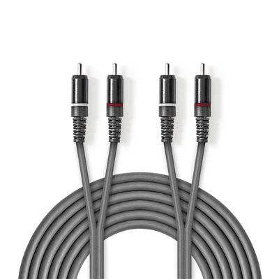Nedis COTH24200GY50 sztereo audio kábel, 2x RCA dugó,  2x RCA dugó, Nikkelezett,  5 m, rugalmas