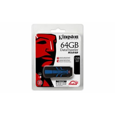 Pendrive, 64GB, USB 3.0, VÍZálló, ÜTÉSálló, KINGSTON "DT R30", kék-fekete ►120/50MB/sec