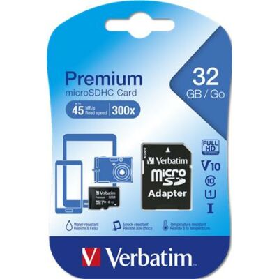 Memóriakártya, microSDHC, 32GB, CL10/U1, 45/10 MB/s, adapter, VERBATIM, "Premium"