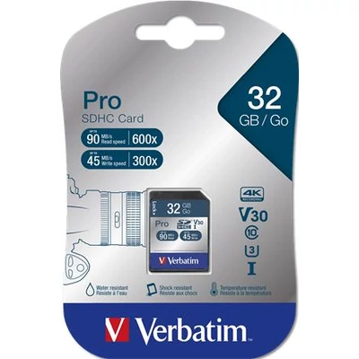 Memóriakártya, SDHC, 32GB, CL10/U3, 90/45MB/sec, VERBATIM 