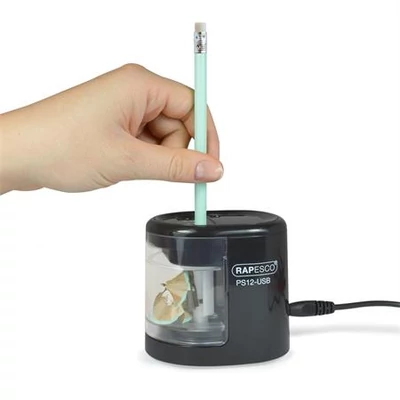 Hegyező, kétlyukú, asztali, elemes, USB töltővel, RAPESCO