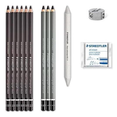 Grafit- és szénceruza készlet, kiegészítőkkel, 12 darabos, STAEDTLER 