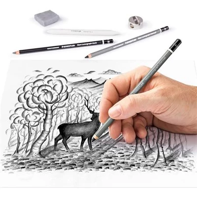 Grafit- és szénceruza készlet, kiegészítőkkel, 12 darabos, STAEDTLER 