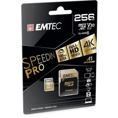 Memóriakártya, microSDXC, 256GB, UHS-I/U3/V30/A2, 100/95 MB/s, adapter, EMTEC 