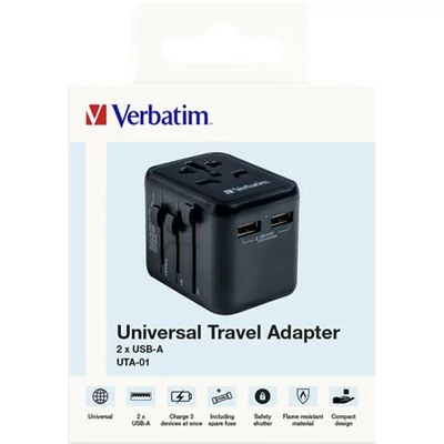 Utazó adapter, univerzális, 2xUSB, VERBATIM 