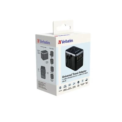 Utazóadapter, univerzális, USB-A(QC 3.0)/USB-C(PD61W)2xUSB, VERBATIM 