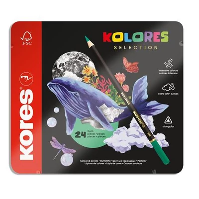 Színes ceruza készlet, háromszögletű, fém doboz, KORES 