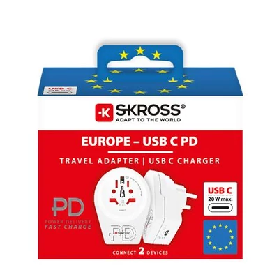Adapter, Európába utazóknak, USB-C, gyorstöltés, földelt, SKROSS