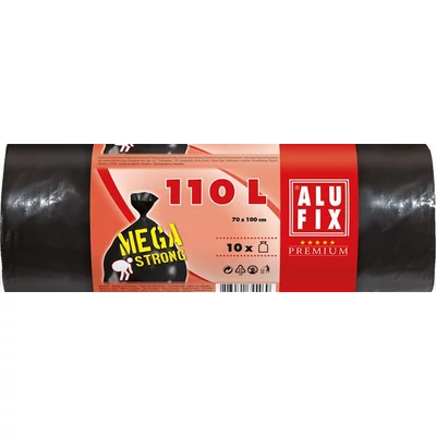 Szemeteszsák, mega erős, 110 l, 10 db, 70x110 cm, 80 µ, ALUFIX, fekete