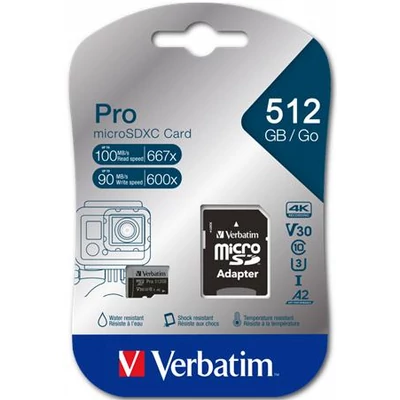 Memóriakártya, microSDXC, 512GB, CL10/U3/A2, 100/90 MB/s, adapter, VERBATIM 