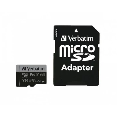 Memóriakártya, microSDXC, 512GB, CL10/U3/A2, 100/90 MB/s, adapter, VERBATIM 