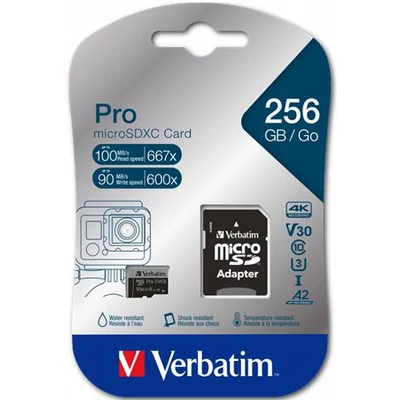 Memóriakártya, microSDXC, 256GB, CL10/U3/A2, 100/90 MB/s, adapter, VERBATIM 
