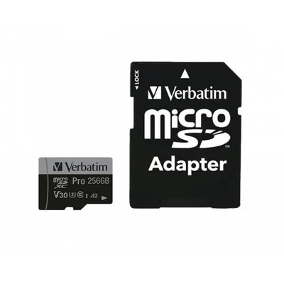 Memóriakártya, microSDXC, 256GB, CL10/U3/A2, 100/90 MB/s, adapter, VERBATIM 