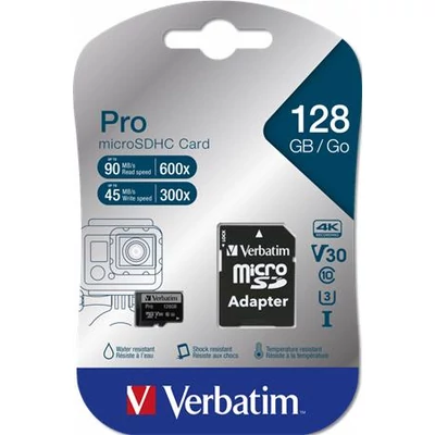 Memóriakártya, microSDXC, 128GB, CL10/U3, 90/45 MB/s, adapter, VERBATIM 