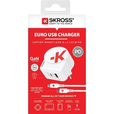 Hálózati töltő, 1xUSB-A, 1xUSB-C, PD, 45W, GaN, USB-C kábel, SKROSS