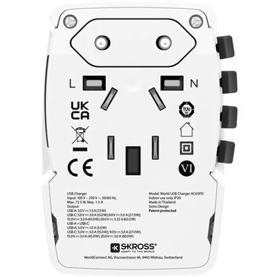 Hálózati töltő, világutazóknak, 1xUSB-A, 1xUSB-C PD, 65W, USB-C kábel, SKROSS