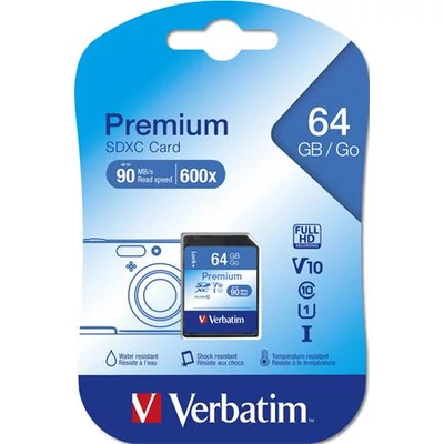 Memóriakártya, SDXC, 64GB, CL10/U1, 90/10 MB/s, VERBATIM 