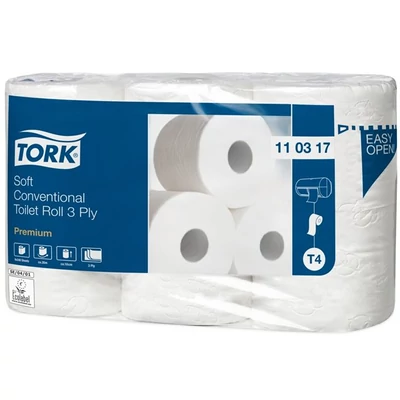 Toalettpapír, T4 rendszer, 3 rétegű, 12 cm átmérő, Premium, TORK 