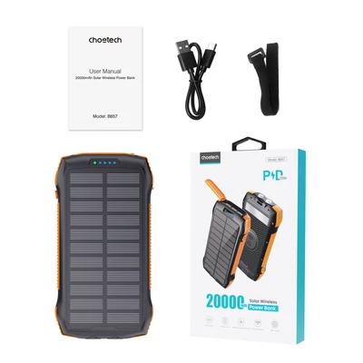 Choetech B657, 20000mAh, (PD20W, QC18W, Qi 10W Wireless Töltés, Napelemes, túrázáshoz) PowerBank