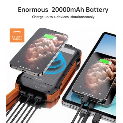 Choetech B657, 20000mAh, (PD20W, QC18W, Qi 10W Wireless Töltés, Napelemes, túrázáshoz) PowerBank