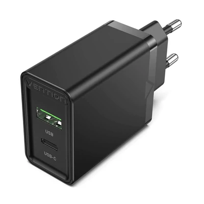 Vention USB-A+C (2port, 18W/20W,fekete), töltő