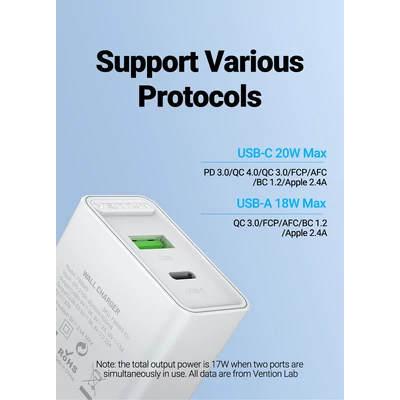 Vention USB-A+C (2port, 18W/20W,fehér), töltő