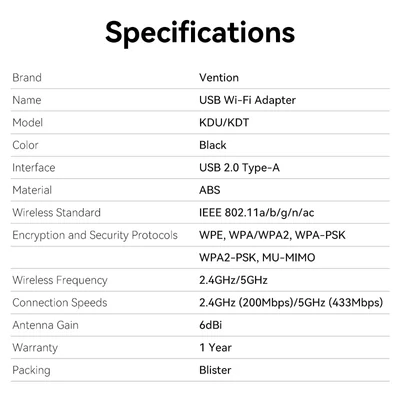 Vention AC650 USB Wifi adapter Dual Band + Antenna (fekete), adapter