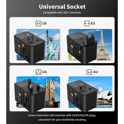 Choetech USB-C*2+USB-A*2 (35W,fekete,travel,USB-C kábellel, US,UK,EU,AU), töltő