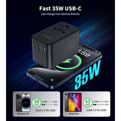 Choetech USB-C*2+USB-A*2 (35W,fekete,travel,USB-C kábellel, US,UK,EU,AU), töltő