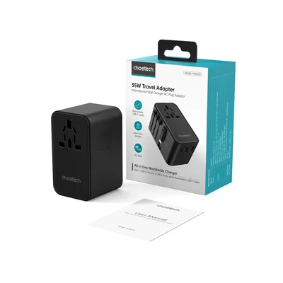 Choetech USB-C*2+USB-A*2 (35W,fekete,travel,USB-C kábellel, US,UK,EU,AU), töltő