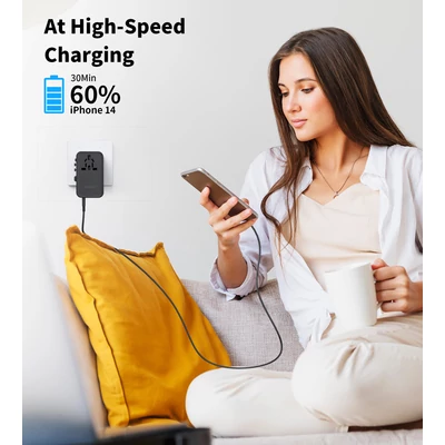 Choetech USB-C*2+USB-A*2 (45W,fekete,travel,USB-C kábellel, US,UK,EU,AU), töltő