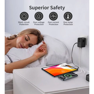 Choetech USB-C*2+USB-A*2 (45W,fekete,travel,USB-C kábellel, US,UK,EU,AU), töltő