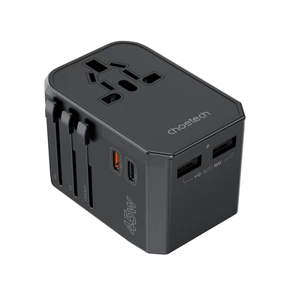Choetech USB-C*2+A*2 (45W, fekete, travel, US,UK,EU,AU), töltő