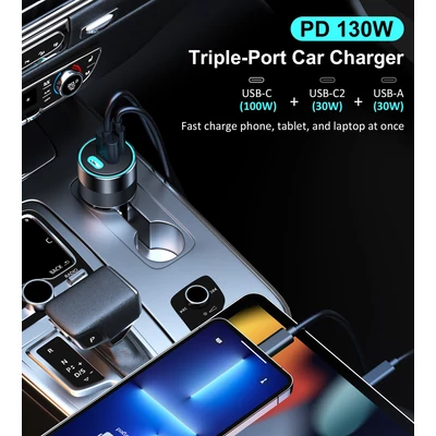 Choetech USB-C*2+A (130W,3-portos, autós, gyorstöltő), töltő