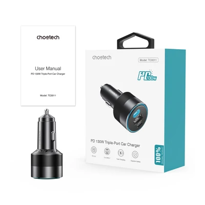 Choetech USB-C*2+A (130W,3-portos, autós, gyorstöltő), töltő