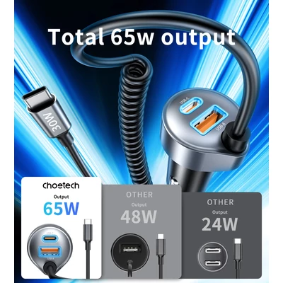 Choetech USB-C*2+A (65W,3-portos, autós, gyorstöltő), töltő