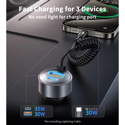 Choetech USB-C*2+A (65W,3-portos, autós, gyorstöltő), töltő