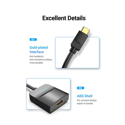 Vention USB-C -> HDMI (fekete, ABS type), 0,15m, Adapter