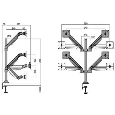 MULTIBRACKETS 4 karos asztali konzol, M VESA Gas Lift Arm Quad Silver (15-32