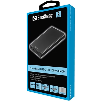 SANDBERG Hordozható akkumulátor, Powerbank USB-C PD 100W 38400