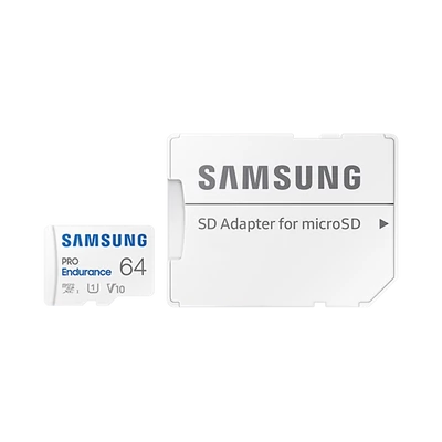 SAMSUNG Memóriakártya, PRO Endurance microSD kártya 64GB, CLASS 10, UHS-I (SDR104), + SD Adapter, R100/W30