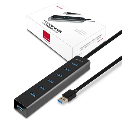 AXAGON HUE-SA7BP USB3.0 CHARGING HUB (Hétportos USB 3.0 hub gyors töltési támogatással. AC adapter a csomagban. Fekete)