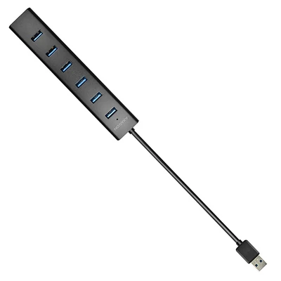 AXAGON HUE-SA7BP USB3.0 CHARGING HUB (Hétportos USB 3.0 hub gyors töltési támogatással. AC adapter a csomagban. Fekete)