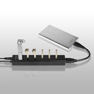 AXAGON HUE-SA7BP USB3.0 CHARGING HUB (Hétportos USB 3.0 hub gyors töltési támogatással. AC adapter a csomagban. Fekete)
